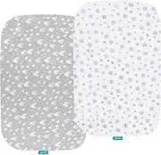Bassinet Sheets Compatible with Baby Delight Beside Me Dreamer Bassinet, 2 Pack, 100% Jersey Knit Cotton Fitted Sheets, Breathable and Heavenly Soft, Grey and White Print for Baby