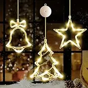 [Timer 3Pcs Christmas Window Lights Decorations,Battery Powered Christmas Window Hanging Warm White Lighted Tree Bell Star Shaped LED Sucker for Xmas Tree Fireplace Window Indoor Decor
