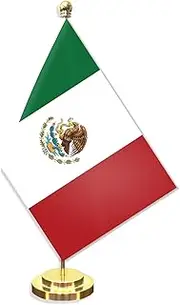 Mexico Desk Small Flag Set,5×8 Inch Mini Mexicans Desktop Banner,12" Metal Solid Pole Decor,Tiny Digital Printed Polyester Banner With Golden Base