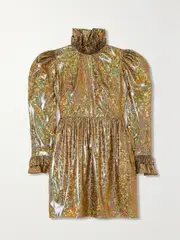 [BATSHEVA] BATSHEVA - Prairie Ruffled Holographic Lamé Mini Dress - Gold - US0 US 0 Gold