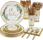 Sage Green Baby Shower Decorations, Oh Baby Theme Neutral Party Tableware Set ; 9" Plates, 7" Plates, Napkins, Cups and Utensils- Floral Gender Reveal Party Supplies for boys & girls -Serve 24