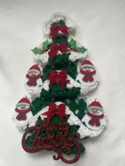 Crocheted Christmas Tree Shaped Wall Hanging Holiday Decoration Bows, Snowmen