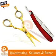 Professional Hairdressing Gold Scissors & Barber Razor Salon Hair Cutting
