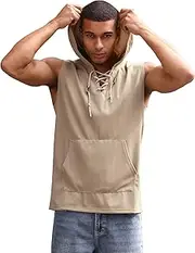 [OMEWEE] Men's Workout Hooded Tank Tops Sleeveless Summer Hoodies with Pocket for Run, Gym, Ciclismo, Khaki, Small