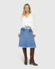 [Belle & Bloom] Let Me Wander Button Front Denim Midi Skirt - Stonewash