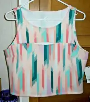 DECREE CROP TANK TOP ~ Peach Pink Greens ~ FRONT PEEKABOO SLIT STRETCHY ~ sz XL