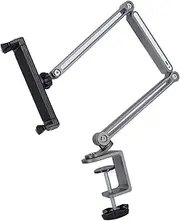Metal Bed Phone Holder, 360 Degree Rotation Foldable Desk Long Arm Phone Mount with Adjustable Light for Phone Tablet, for Most Tables, Desks and Beds (Gray)