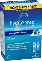 HydraSense Drops For Dry Eyes Long-Lasting Home and Away Twin Pack (2 x 10 mL)