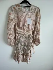 NWT Zimmermann Long Sleeve Lyre Wrap Billow Mini Dress in Spliced Pink & Tan