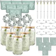 Irenare 36 Pcs Bridesmaid Proposal Gifts Bridal Shower Gifts 16 oz Glass Cup Cosmetic Makeup Bags Invited Cards Scrunchies Hair Knotted Bracelets Diamond Pens Favors for Wedding (Green)