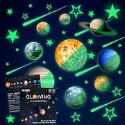 Glow in The Dark Stars and Planets, Bright Solar System Wall Stickers -Sun Earth Mars,Stars,Shooting Stars and so on,9 Glowing Ceiling Decals for Bedroom Living Room,Shining Space Decoration for Kids