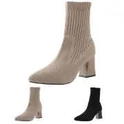 Versatile Short Boots Pointed Toe Thick Heels High Heels Knitted Elastic