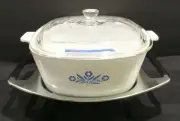 New Vintage Corning Blue Cornflower 2 1/2 Qt. Casserole metal cradle With Lid