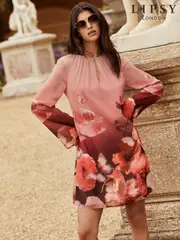 Lipsy Pink Floral Placement Print Long Sleeve Mini Shift Dress (E43413) | $48