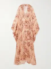 [Rosamosario] Rosamosario - Midsummer Breeze Belted Floral-print Silk-chiffon Robe - Beige - medium medium Neutrals
