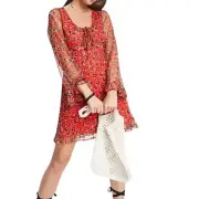 NWT ASOS Wednesdays Girl Red Retro Floral Sheer Sleeves Mesh Overlay Boho Dress