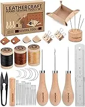FOUSNOW Leather Sewing Kit, Leather Working Tools Kit with Awl, Waxed Thread, Upholstery Needles, Heavy Duty Leather Stitching Kit with Leather Valet Tray for Repairing Canvas, Bags DIY Crafts
