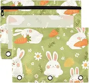 Green Cute Rabbits Cartoon 3 Rings Zipper Pouches with Clear Window Soft Large and Sturdy Three Rings Binder for School, Office & Home Multicolored 2 PCS