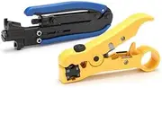 AIMALL 2PCS RG6 RG11 RG59 F Type Compression Coax Coaxial Cable Crimper Stripper Tool Kit, Adjustable Blade Depth, with Rotating Compass for Cable Insulation, Blue and Yellow