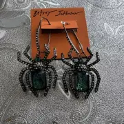 New BETSEY JOHNSON Crystal Emerald Green Rhinestone Spider Drop Earrings