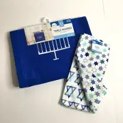 Hanukkah Table Runner 14"x72" Blue Stitched Menorah + 2 Kitchen Towel Set NEW