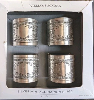 Williams Sonoma Silver Vintage Napkin Rings Set Of 4 Leaves Vines Engraved