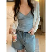 V-Neck Plain Lace Trim Crop Cami Top Blue - One Size