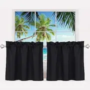 Pickluc 24 Inch Long Tier Curtains for Small Window Treatment, Short Blackout Curtain with Rod Pocket - Half Window Curtains for Kitchen, Cabinet, Basement, Camper, 2 Panels, Black, 30 Inches Wide