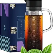 100% Airtight Cold Brew Glass Coffee Maker Iced Tea Maker Juice Water Carafe Server with Removable Permanent Double Mesh Stainless Steel Filter (1.5L)