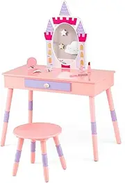 HONEY JOY Kids Vanity Set, Dressing Table for Children with Mirror and Stool, Princess Makeup Table w/Drawer, Growth Chart, Floating Shelves, Pretend Play Vanity Table & Chair Set for Toddlers, Pink