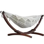 Double Cotton Hammock with Solid Pine Stand (260cm) - Natural with Fringe