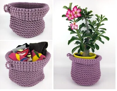 Crochet Storage Basket Round Folded Elderberry Pink Planter Woven Basket