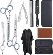 Marhaba AS Professional Barber Scissors Kit - 10 Piece Set with Stainless Steel Scissors, Thinning Shears, Cape and Feather Razor