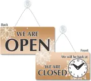 6"X12" We Are Open/Closed, Be Back at Clock Sign with Suction Cup & Beaded Chain