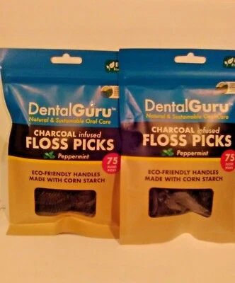 DentalGURU Charcoal Infused Floss Picks PEPPERMINT Flavor 2 Bags = 150 Picks