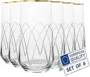 Biandeco Mat Cut Glass Gold Rimmed Highball Glasses Set of 6, Handmade Tall Glass Cups for Cocktail, Long Drink, Water, Juice, Ice Tea, Mojito, 16 oz