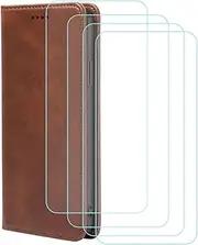 LCEHTOGYE Cover for Blackview A52 + 4 Slice HD Tempered Glass,Shell PU BracketBumper Protective Back Case - Anti-Scratch Screen Protector for Blackview A52-YSNQ - Brown