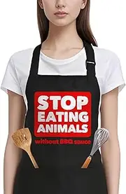 [Kimoli] Funny Grilling Aprons for Men, BBQ Apron Gifts for Men,Stop Eating Animals Without BBQ Sauce Apron with 3 Pockets, Chef Apron for Grilling, Black