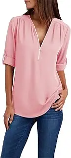 [Suhorseful] Womens Half Zip Up Shirts Chiffon Casual Long Sleeve Solid Color Blouses Office Work Golf Polo Tshirt, Pink, Medium