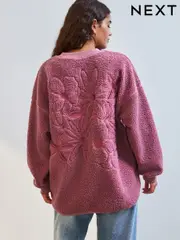 Blush Pink Floral Graphic Print Relaxed Fit Teddy Borg Fleece Cord Back Longline Crew Neck Sweatshirt (E63331) | $66