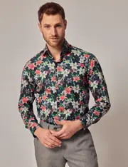 Hawes & Curtis Casual Green & White Floral Lily Slim Shirt | High Collar Size: Small