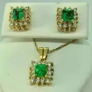 14K Yellow Gold Plated Lab Created Emerald 3Ct Emerald Cut Women's Jewelry Set