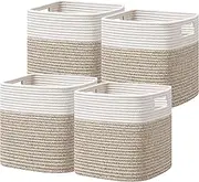 UBBCARE Set of 4 Storage Cubes-13 X 13 X 13 In, Cotton Rope Basket for Shelves, Toys, Book, Cube Storage Bin with Handles, Woven Storage Basket for Organizing, White/Brown