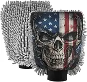 XYMZR America Skull Black Absorbent Microfiber Car Wash Mitt, Funny Cute Anime Scratch Free for Cars Cleaning, Home Cleaning Mitts, 2 Pack, 10.24” L x 7.09” W