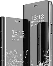 [HonwYes] Case Compatible Samsung Galaxy A72 4G Mirror Case Stylish Luxurious Make Up Slim Clear with Kickstand Flip Mirror Covers Anti-Scratch Cases Covers Black with Tempered Film 2