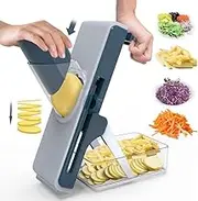 Safe Mandoline Food Slicer for Kitchen, High Efficiency Potato Slicer with 4 Kind Blade & Box, Adjustable Vegetable Food Slicer Chopper, Julienne Slicer, French Fry Cutter for Chef Meal Prep (Blue)