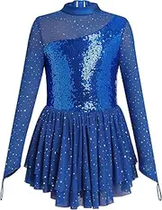 [ODASDO] Figure Skating Dress for Girls Mesh Long Sleeve Sparkly Sequin Skirted Leotard Ballet Outfit Dancewear