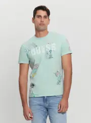 GUESS Eco Light Blue World Stamps T-Shirt Size: Medium, Cotton