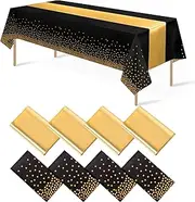 MASHAN 8Pack Disposable Plastic Tablecloths Satin Table Runner Set Black Gold Dot Table Cloth Gold Satin Table Runner for Graduation Wedding Birthday Baby Shower Anniversary Holiday Party Decorations