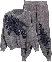 [UIOKLMJH] Autumn Womens Tracksuit Set Beading Embroidery Long Sleeve Knitted Sweaters + Casual Small Feet Pants Two Piece